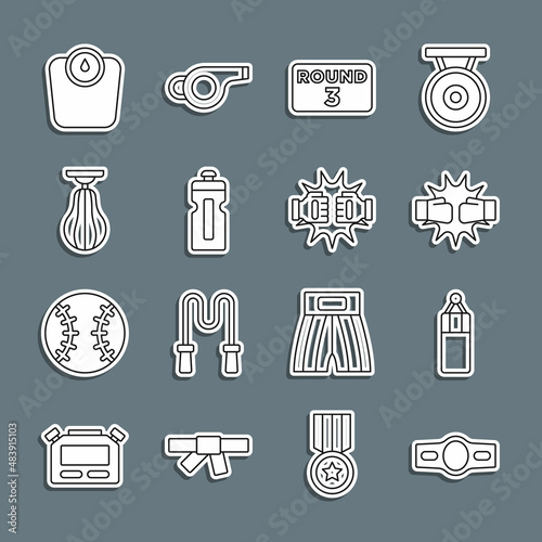 Set line Boxing belt, Punching bag, boxing gloves, ring board, Fitness shaker, Bathroom scales and icon. Vector