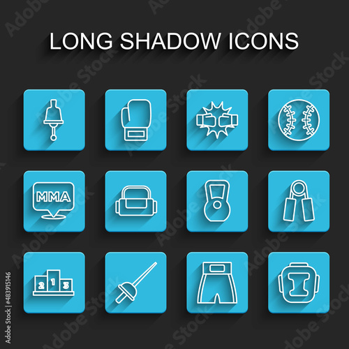 Set line Award over sports winner podium, Fencing, Ringing bell, Boxing short, helmet, Sport bag, expander and Kettlebell icon. Vector