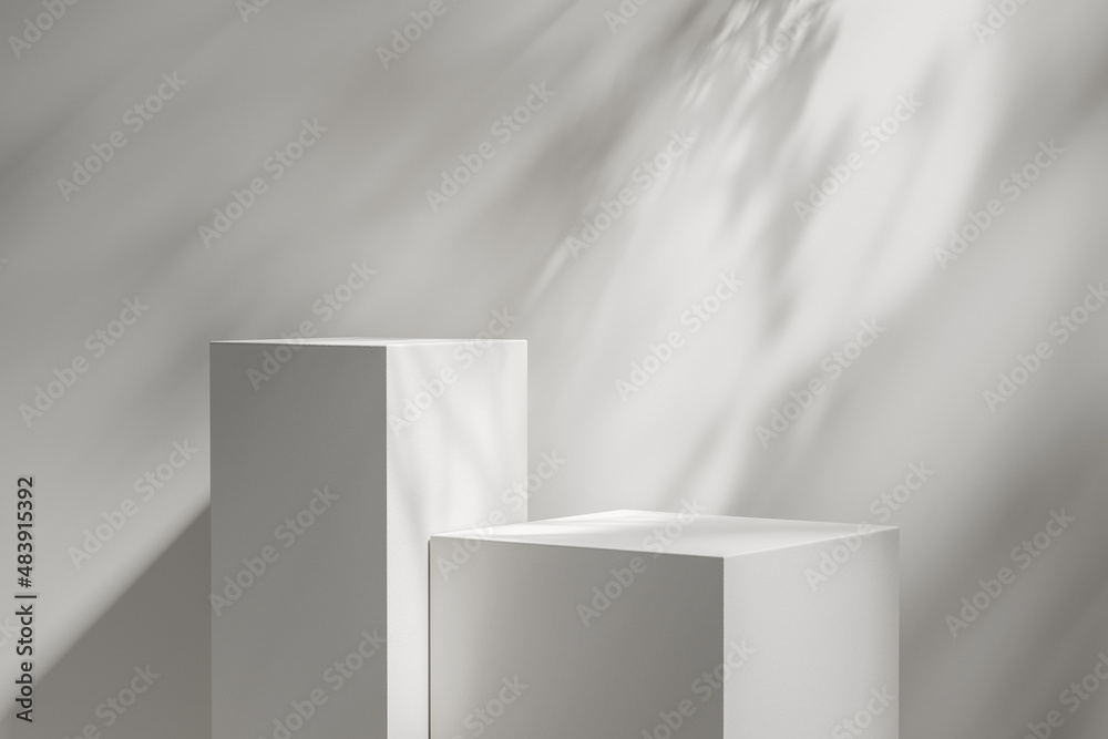 Two square white podiums with shadows for display or presentation. Mock up. 3d rendering Two square white podiums with shadows for display or presentation. Mock up. 3d rendering