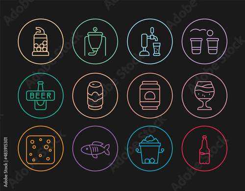 Set line Plastic beer bottle, Glass of, Beer tap with glass, can, Bottle opener, and brewing process icon. Vector