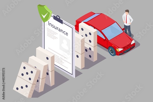 Car insurance policy stopping domino effect, vector isometric illustration. Auto safety and protection. photo