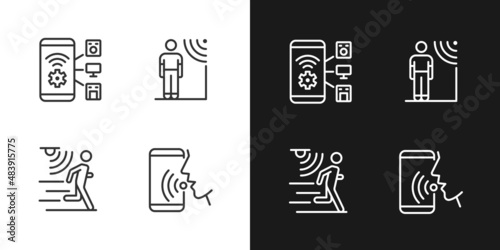 Sensor technology pixel perfect light and dark theme color icons set. Mobile application for remote control. Simple filled line drawings. Bright cliparts on white and black. Editable stroke