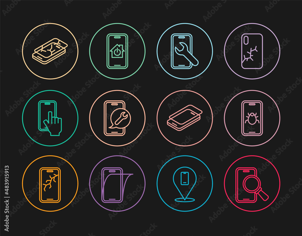 Set line Phone repair service, System bug mobile, Mobile, with broken screen, Glass protector and smart home icon. Vector Set line Phone repair service, System bug mobile, Mobile, with broken screen, Glass protector and smart home icon. Vector