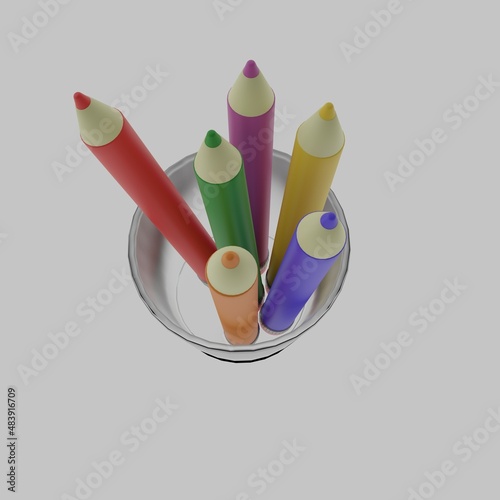 Multicolored pencils in a glass on a light background. A set for creativity. Pencils for drawing. Children's colored pencils. 3D rendering, rendering, 3d. photo