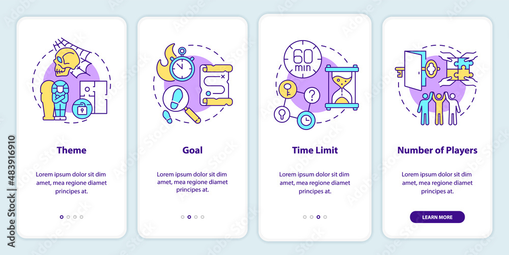 Escape rooms include onboarding mobile app screen. Theme and goal walkthrough 4 steps graphic instructions pages with linear concepts. UI, UX, GUI template. Myriad Pro-Bold, Regular fonts used