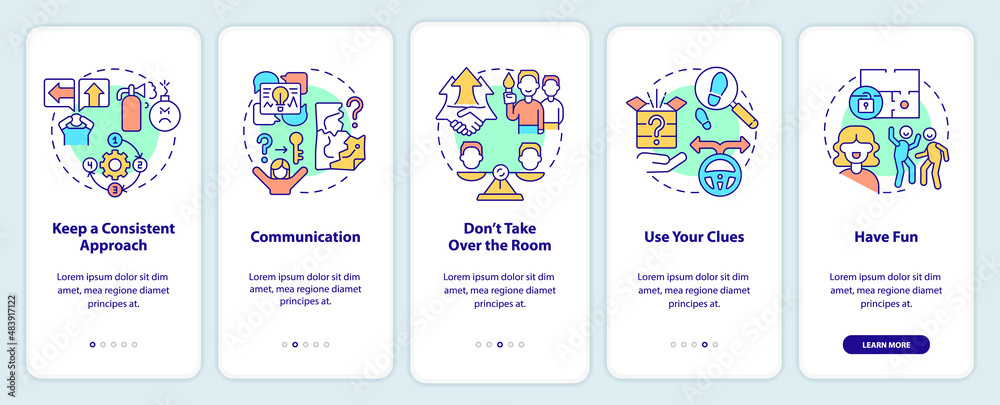 Escape room approaches onboarding mobile app screen. Communication walkthrough 5 steps graphic instructions pages with linear concepts. UI, UX, GUI template. Myriad Pro-Bold, Regular fonts used