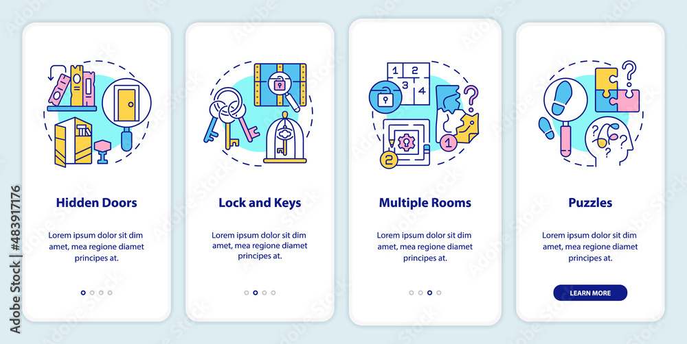 Escape room features onboarding mobile app screen. Hidden doors, puzzles walkthrough 4 steps graphic instructions pages with linear concepts. UI, UX, GUI template. Myriad Pro-Bold, Regular fonts used