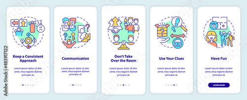 Escape room approaches onboarding mobile app screen. Communication walkthrough 5 steps graphic instructions pages with linear concepts. UI, UX, GUI template. Myriad Pro-Bold, Regular fonts used