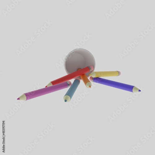 Multicolored pencils in a glass on a light background. A set for creativity. Pencils for drawing. Fallen pencils. Children's colored pencils. 3D rendering, rendering, 3d.  photo