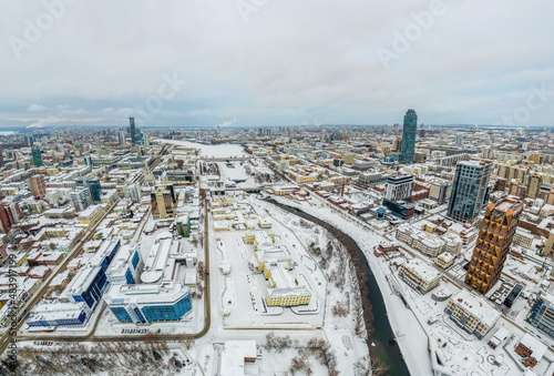 Yekaterinburg aerial panoramic view at Winter in cloudy day. Ekaterinburg is the fourth largest city in Russia located in the Eurasian continent on the border of Europe and Asia.