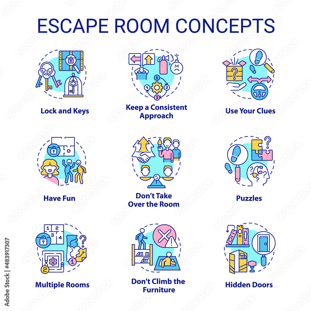 Escape room concept icons set. Puzzle-solving adventure idea thin line color illustrations. Lock and keys. Use clues. Isolated symbols. Editable stroke. Roboto-Medium, Myriad Pro-Bold fonts used