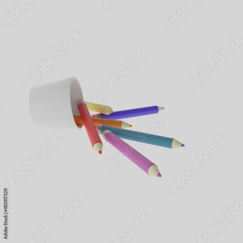 Multicolored pencils in a glass on a light background. A set for creativity. Pencils for drawing. Fallen pencils. Children's colored pencils. 3D rendering, rendering, 3d.  photo