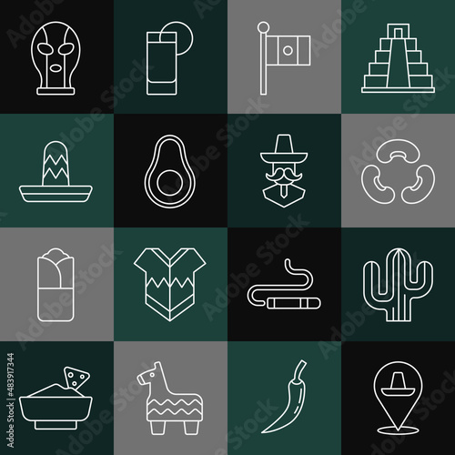 Set line Mexican sombrero, Cactus, Beans, Mexico flag, Avocado fruit, wrestler and man icon. Vector