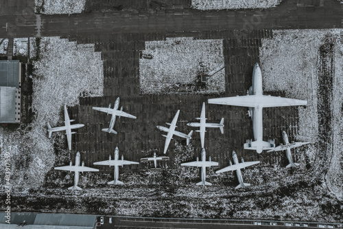 Airfield with planes in the snow
