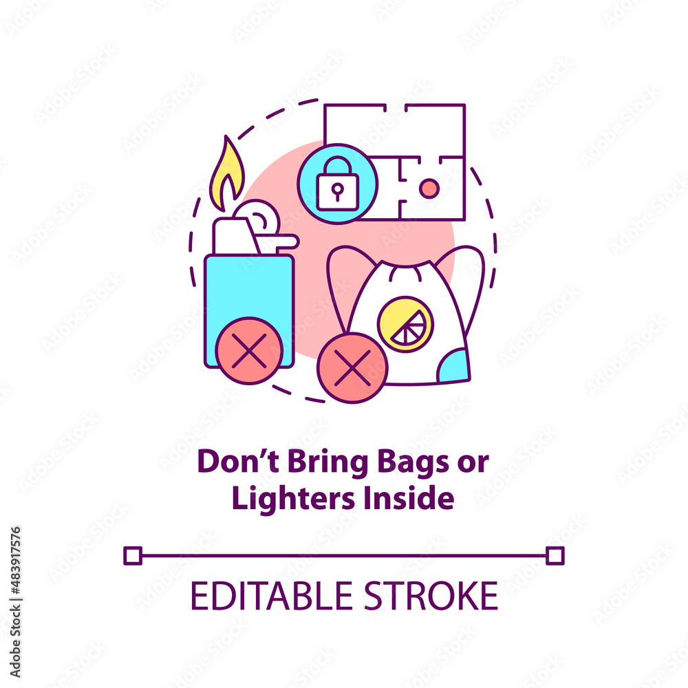 Fototapeta premium Dont bring bags and lighters inside concept icon. Escape room precaution abstract idea thin line illustration. Isolated outline drawing. Editable stroke. Arial, Myriad Pro-Bold fonts used