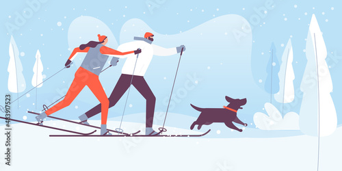 A man and a woman are cross country skiers and training with their dog. Skiing sport, outdoor activity and pets concept. Vector illustration.