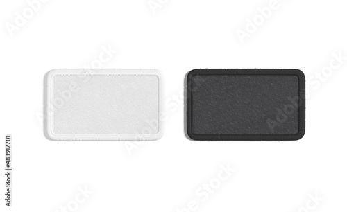 Blank black and white rectangle embroidered patch mockup, top view