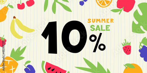 Summer sale. 10 percent. Colorful cutouts fruits and berries. Shape colored cardboard or paper