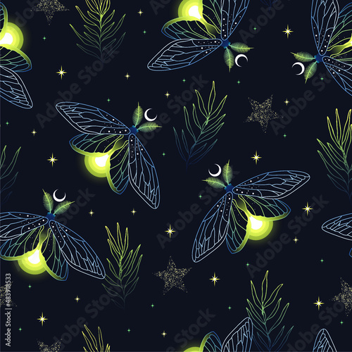 Firefly pattern. Isolated vector illustration. Design for card, fabric, print, greeting, cloth, poster, clothes, textile.