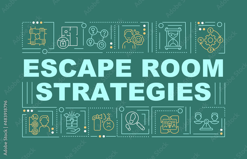 Escape room successful strategies word concepts dark green banner. Infographics with icons on color background. Isolated typography. Vector illustration with text. Arial-Black font used Escape room successful strategies word concepts dark green banner. Infographics with icons on color background. Isolated typography. Vector illustration with text. Arial-Black font used