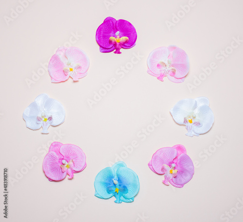 Many multicolored flowers of rare orchids lie in the form of a circular frame on a delicate beige or pink background  a place for text  a romantic card for Valentine s day  a wedding or a spa