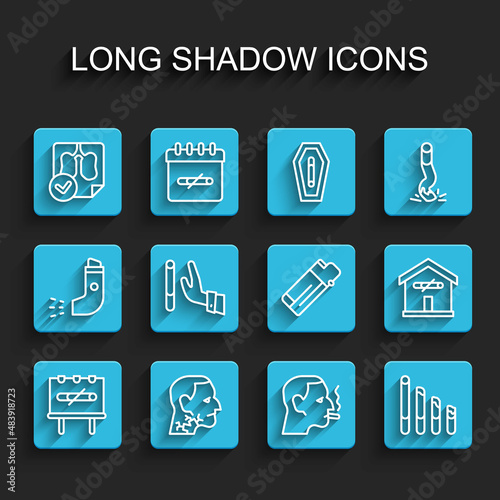 Set line No smoking, Throat cancer, Lungs x-ray diagnostics, Man cigarette, Smoking, Giving up, home and Lighter icon. Vector