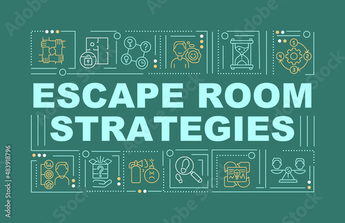 Escape room successful strategies word concepts dark green banner. Infographics with icons on color background. Isolated typography. Vector illustration with text. Arial-Black font used