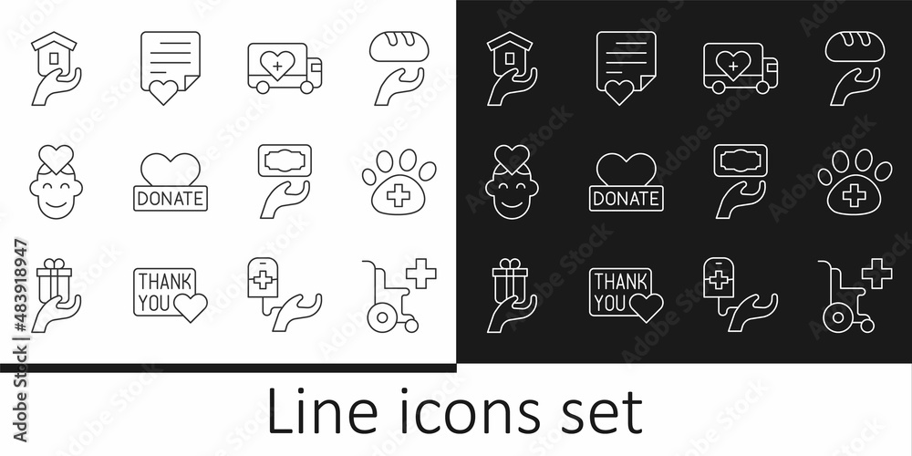 Set line Wheelchair for disabled person, Veterinary clinic, Humanitarian truck, Donation and charity, Volunteer, Shelter homeless, and Envelope with heart icon. Vector