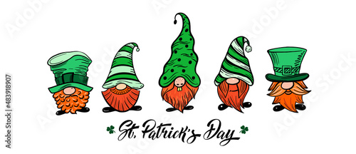 Happy St. Patricks Day funny gnomes. Logos and emblems for invitations, cards. Vector illustration.