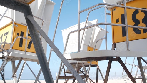 Lifeguard stand or life guard tower for surfing, California Mission beach, USA. Rescue hut, lifesaver station as surreal abstract vintage geometric background. Minimalism and modernism in architecture
