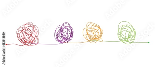 Complex to simple. Clew connected lines, brain imagination, scribbled tangle round elements, way streamlining process, vector solving problem concept