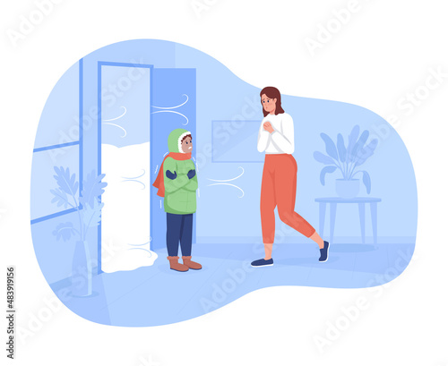 Cold weather in winter 2D vector isolated illustration. Freezing child. Kid coming home to worried mom flat characters on cartoon background. Everyday situation and common tasks colourful scene