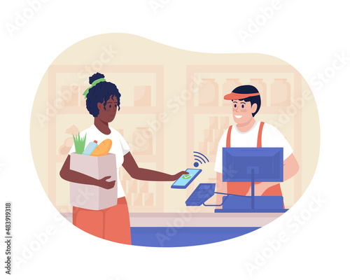 Cashless payment for groceries 2D vector isolated illustration. Daily situation. Customer and cashier in supermarket flat characters on cartoon background. Shopping colourful scene