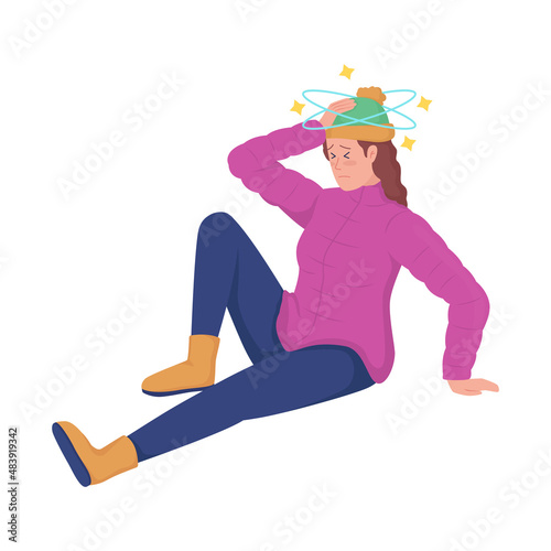 Fallen woman semi flat color vector character. Sitting figure. Full body person on white. Common situation in winter weather isolated modern cartoon style illustration for graphic design and animation