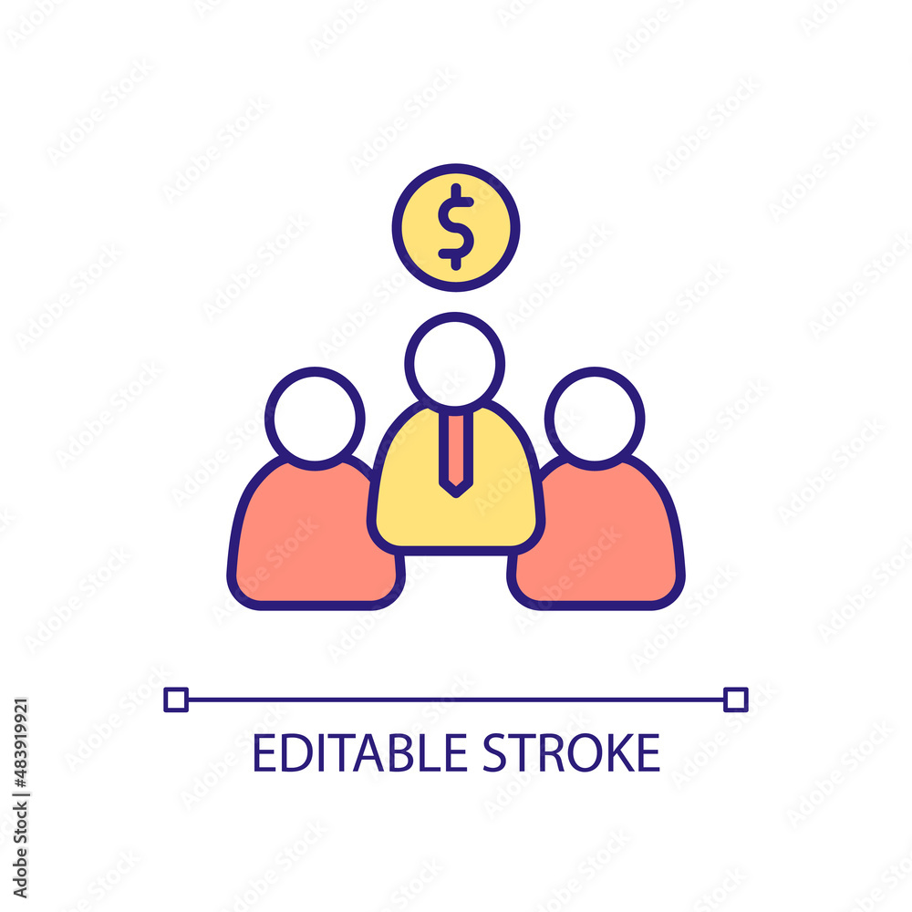 Fototapeta premium Investors RGB color icon. Group of businessmen. Stockholders and shareholders. Financial advisors. Isolated vector illustration. Simple filled line drawing. Editable stroke. Arial font used