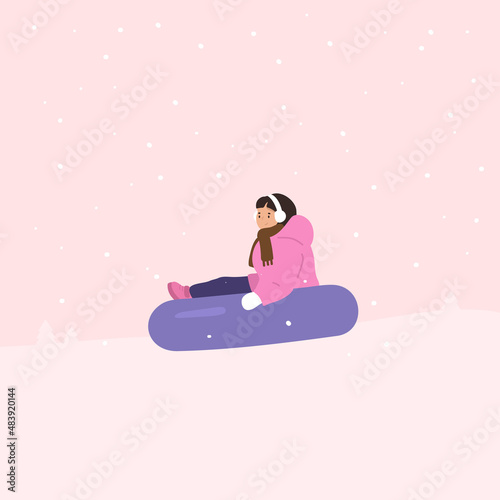Snow tubing. Little girl. Winter activity. Vector