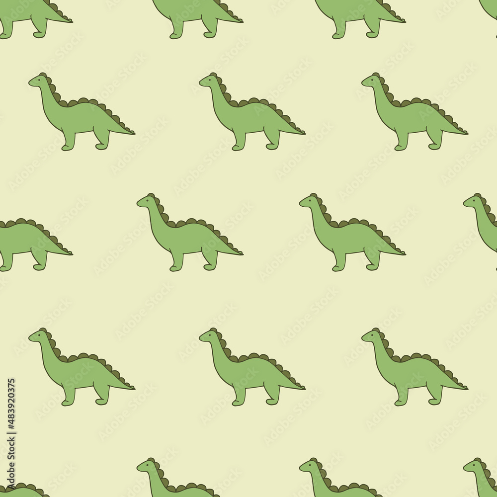 Dinosaur. Cute seamless pattern. Green wallpaper. Hand drawn. Vector