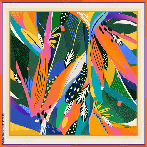 Scarf modern design with colorful artistic tropical flowers print. Abstract ethnic style. Fashionable vector template for your design.