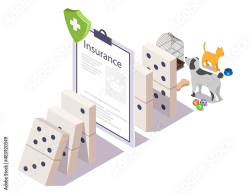 Pet insurance policy stopping domino effect, vector isometric illustration. Animal health insurance for cats and dogs.