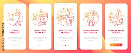 Compulsive gambling factors red gradient onboarding mobile app screen. Walkthrough 5 steps graphic instructions pages with linear concepts. UI, UX, GUI template. Myriad Pro-Bold, Regular fonts used