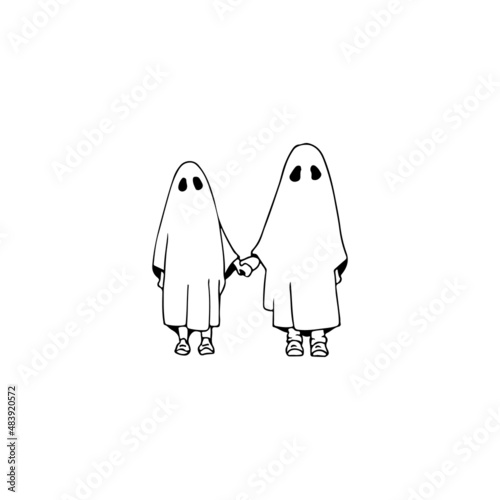 Ghosts couple. Hand drawn sketch. Halloween Ghost doodle. Vector