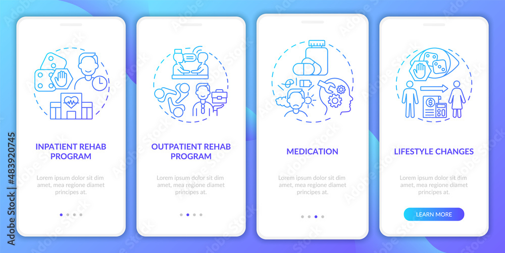 Gambling addiction treatment blue gradient onboarding mobile app screen. Walkthrough 4 steps graphic instructions pages with linear concepts. UI, UX, GUI template. Myriad Pro-Bold, Regular fonts used