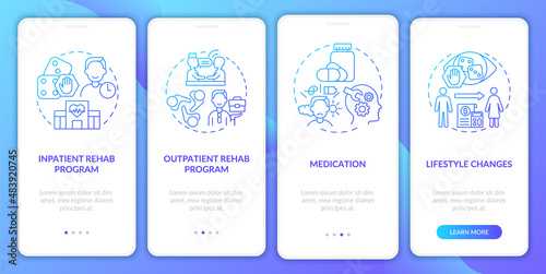 Gambling addiction treatment blue gradient onboarding mobile app screen. Walkthrough 4 steps graphic instructions pages with linear concepts. UI, UX, GUI template. Myriad Pro-Bold, Regular fonts used