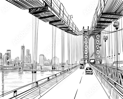 Manhattan bridge hand drawn industrial illustration. New York city vector sketch