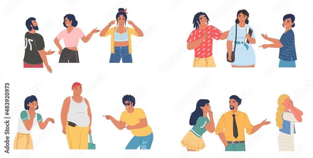 People spreading rumors, laughing, bullying victim, vector isolated illustration. Mockery, violence, conflict.