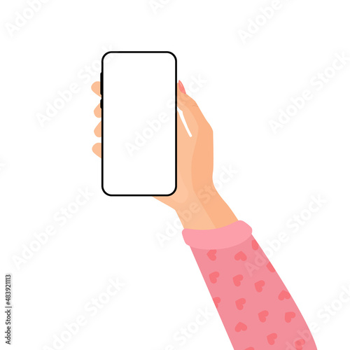 Hand holds phone with white screen on isolated background.