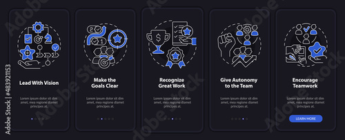 Improving employee wellness night mode onboarding mobile app screen. Walkthrough 5 steps graphic instructions pages with linear concepts. UI, UX, GUI template. Myriad Pro-Bold, Regular fonts used