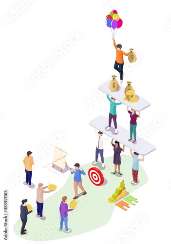 Ponzi scheme, financial pyramid, fraud investment scam, vector isometric illustration. MLM, multi-level marketing.