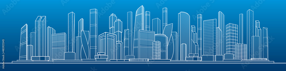 Modern town. Urban city complex. Business center. Citycape pamorama. Infrastructure outlines illustration. White outlines on blue background. Vector design art