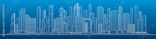 Modern town. Urban city complex. Business center. Citycape pamorama. Infrastructure outlines illustration. White outlines on blue background. Vector design art
